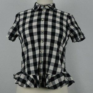 Madewell Size XS Black White Peplum Button Down Shirt Gingham Short Sleeves